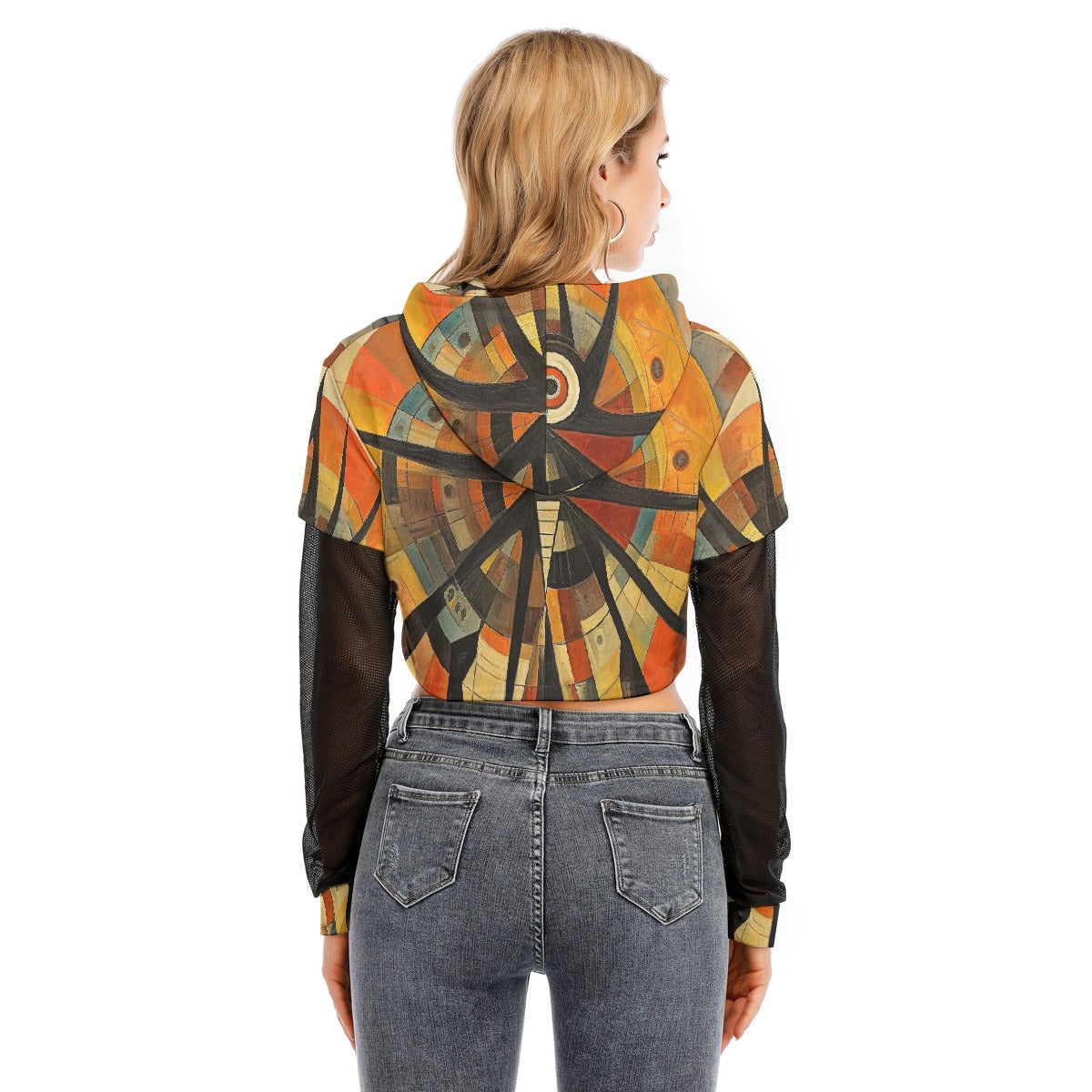 All-Over Print Women's Fake Two-piece Mesh Sleeve Cropped Hoodie