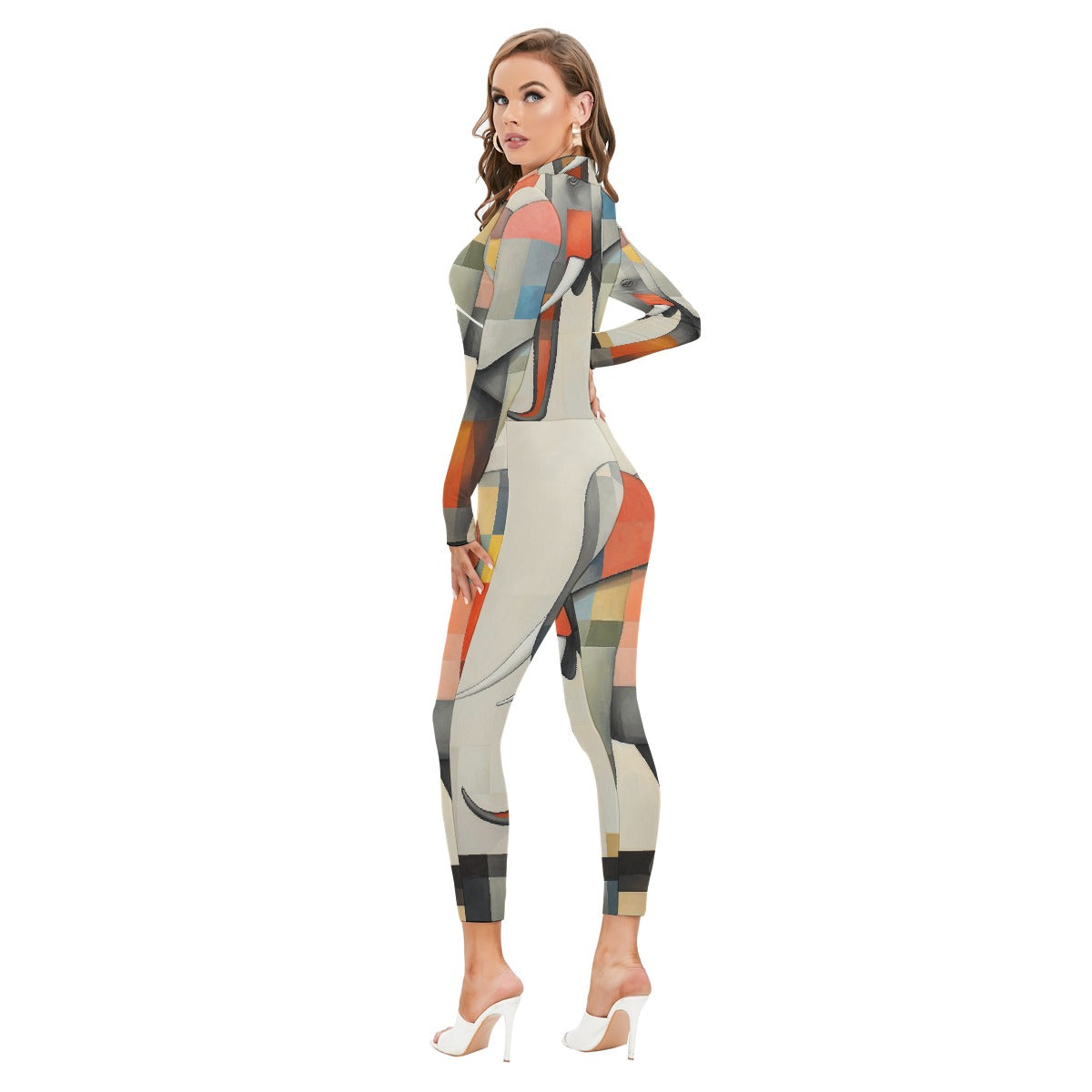 All-Over Print Women's Long-sleeved High-neck Jumpsuit With Zipper