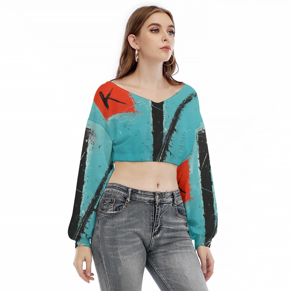 All-Over Print Women's V-neck Long Sleeve Cropped Sweatshirt