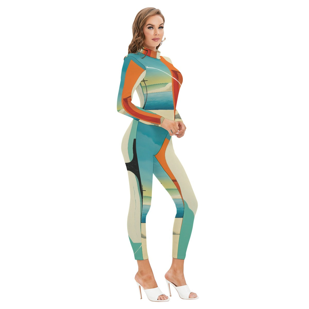 All-Over Print Women's Long-sleeved High-neck Jumpsuit With Zipper