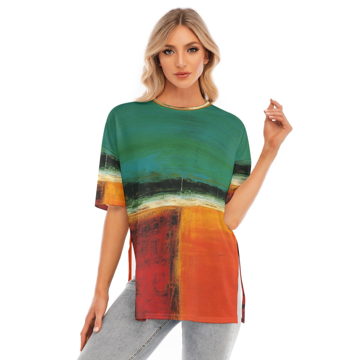 All-Over Print Women's Short Sleeves T-shirt With Hem Split