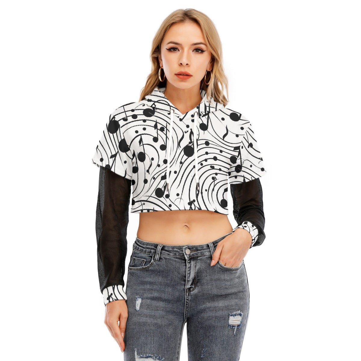 All-Over Print Women's Fake Two-piece Mesh Sleeve Cropped Hoodie