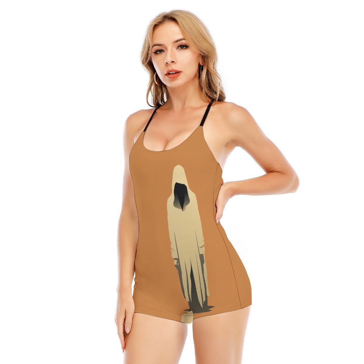 All-Over Print Women's Backless Romper With Black Straps