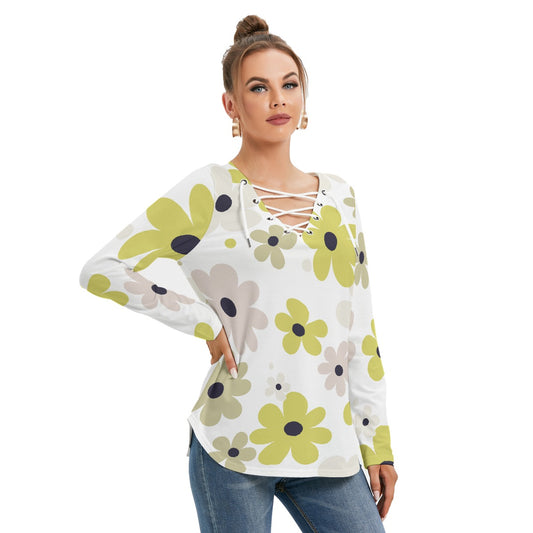 All-Over Print Women's Long Sleeve Neckline Tie Sweatshirt