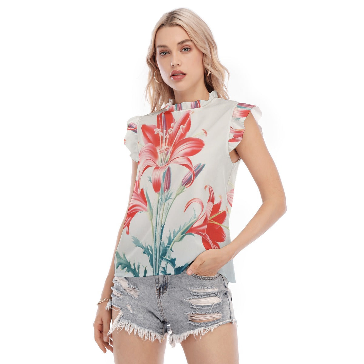 All-Over Print Women's Blouse With Ruffle Collar And Sleeve