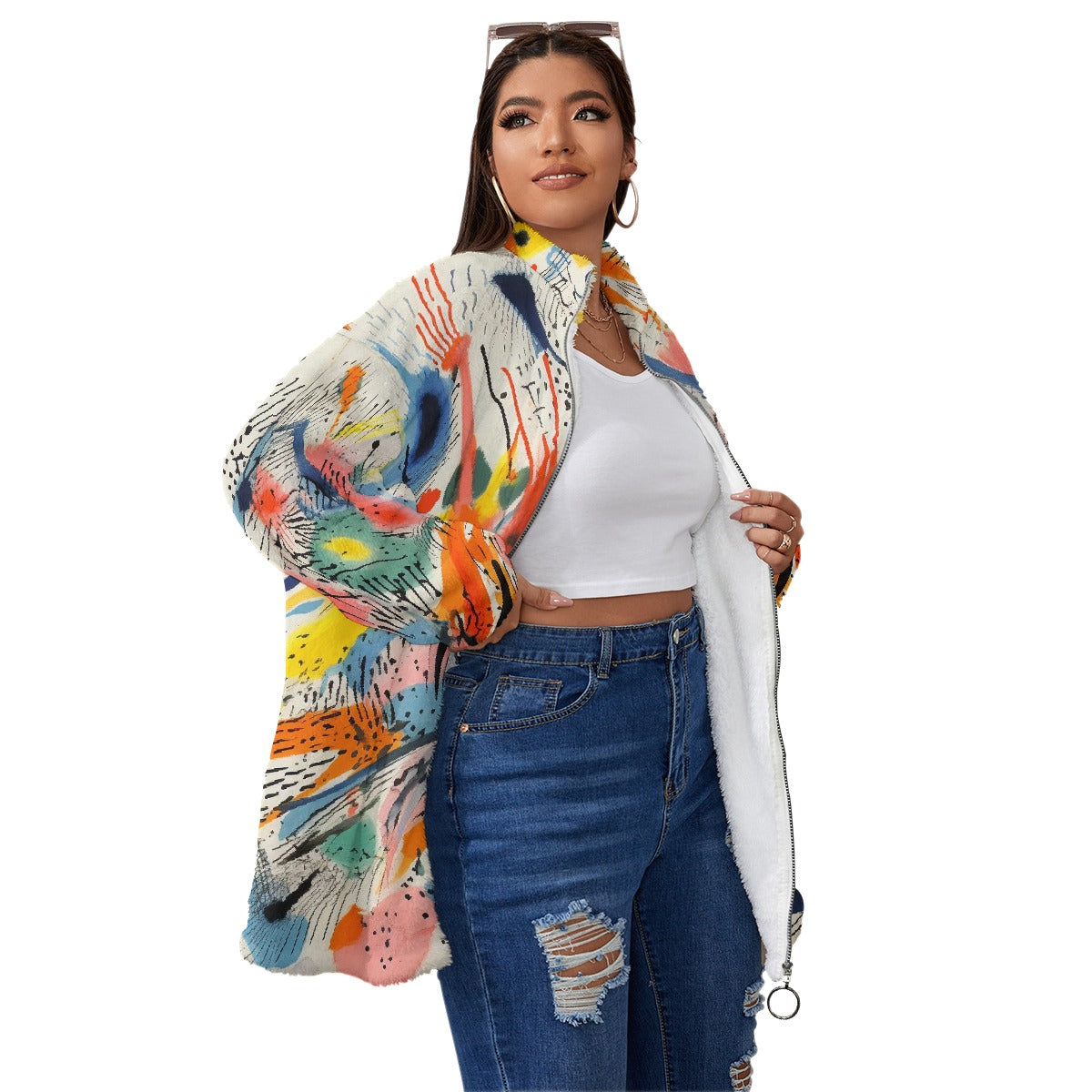 All-Over Print Unisex Borg Fleece Stand-up Collar Coat With Zipper Closure(Plus Size)