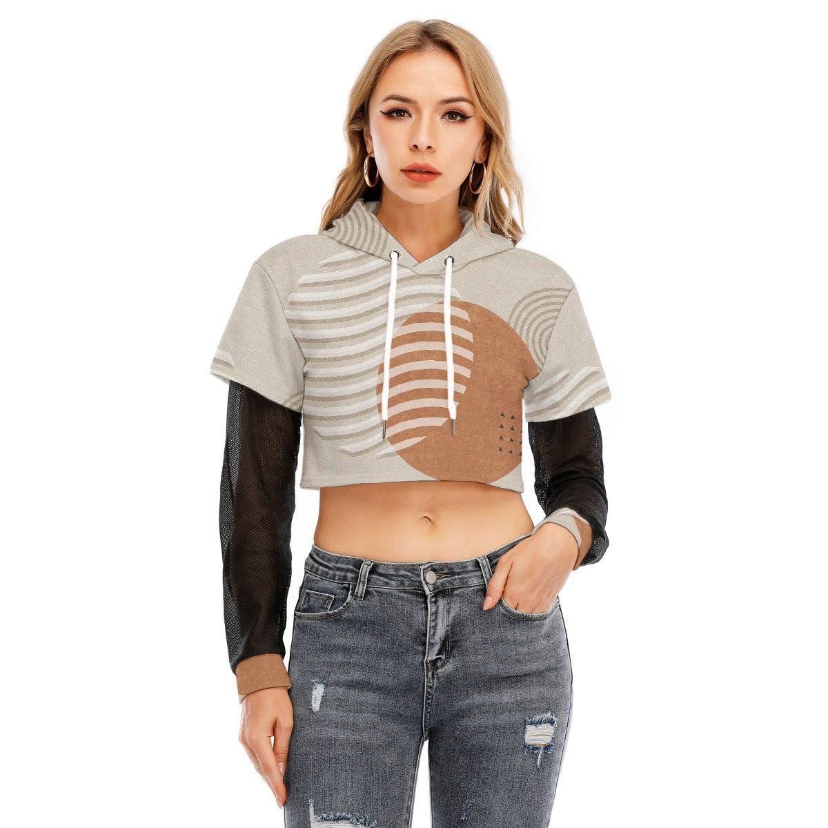All-Over Print Women's Fake Two-piece Mesh Sleeve Cropped Hoodie