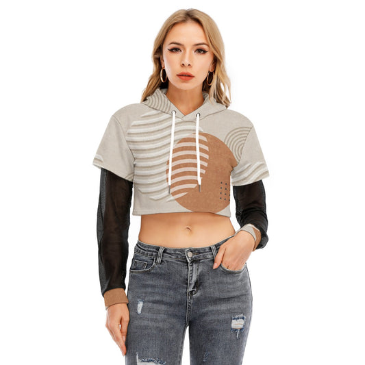 All-Over Print Women's Fake Two-piece Mesh Sleeve Cropped Hoodie