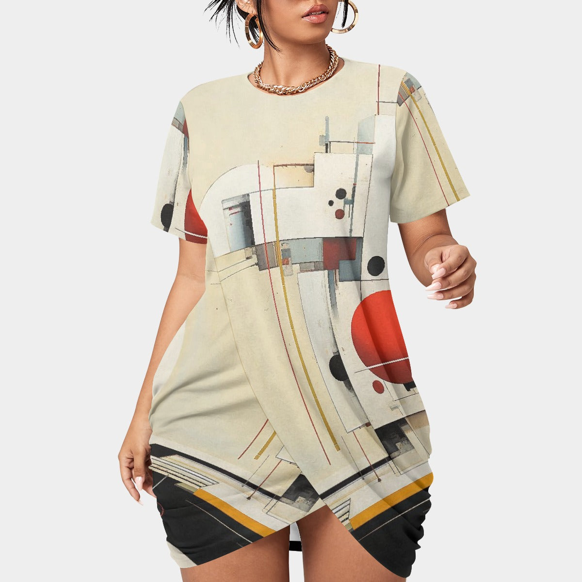 All-Over Print Women’s Stacked Hem Dress With Short Sleeve（Plus Size）