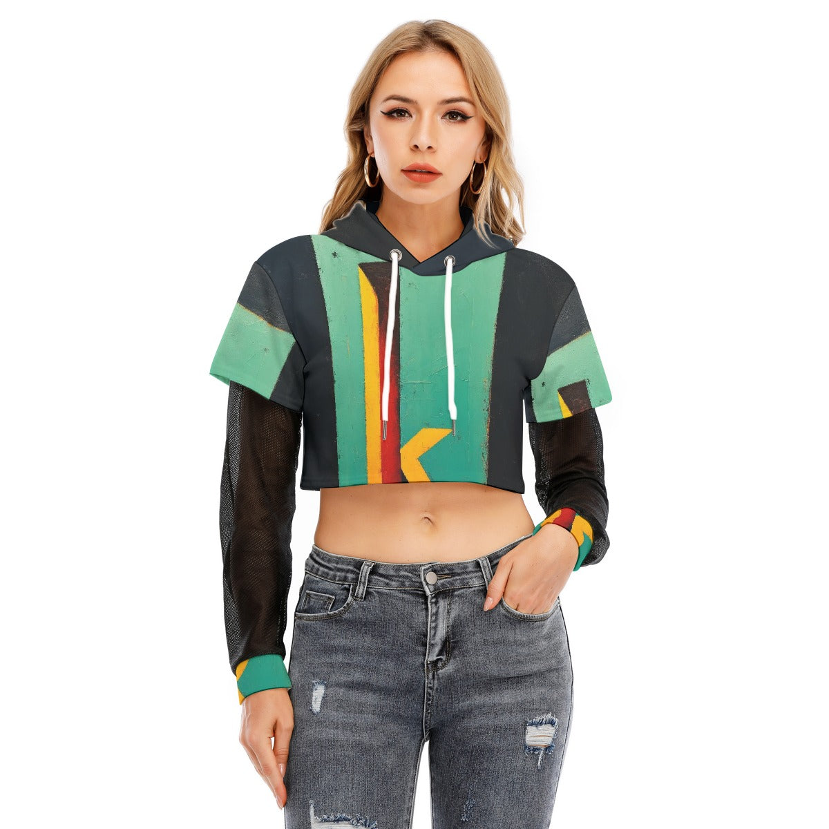 All-Over Print Women's Fake Two-piece Mesh Sleeve Cropped Hoodie