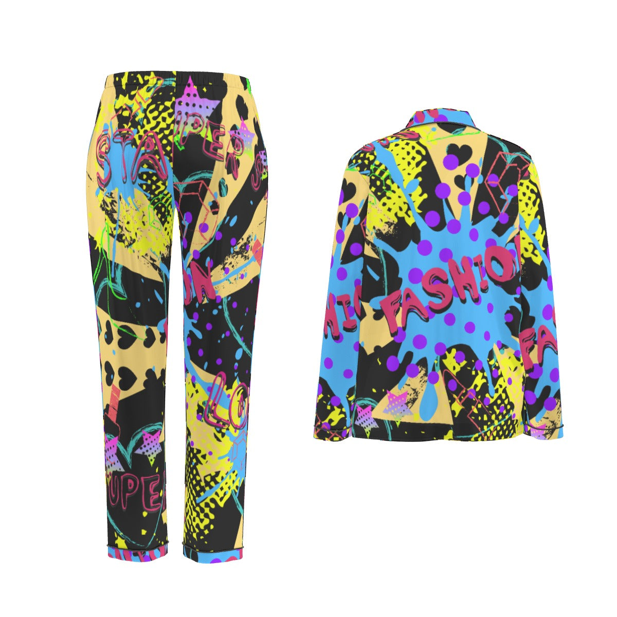 All-Over Print Women's Long Sleeve Pajama Set With Black Contrast Piping