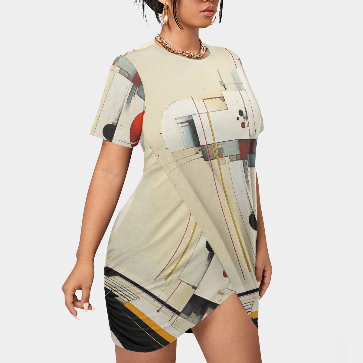 All-Over Print Women’s Stacked Hem Dress With Short Sleeve（Plus Size）