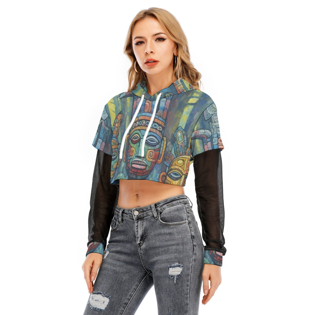 All-Over Print Women's Fake Two-piece Mesh Sleeve Cropped Hoodie