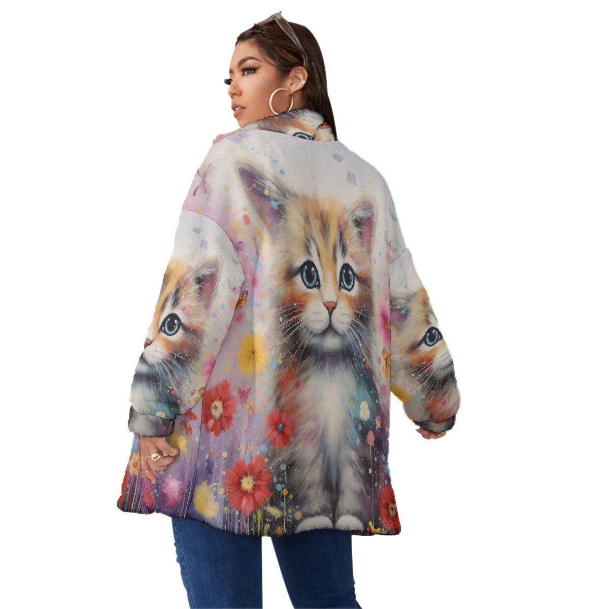 All-Over Print Unisex Borg Fleece Stand-up Collar Coat With Zipper Closure(Plus Size)