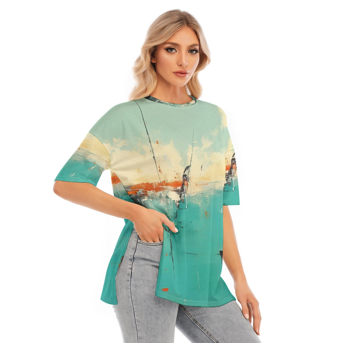 All-Over Print Women's Short Sleeves T-shirt With Hem Split