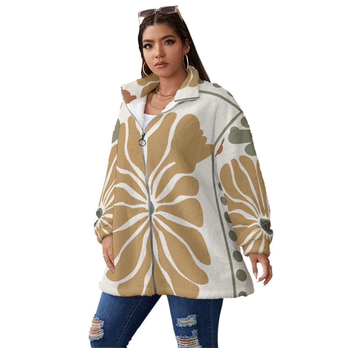 All-Over Print Unisex Borg Fleece Stand-up Collar Coat With Zipper Closure(Plus Size)
