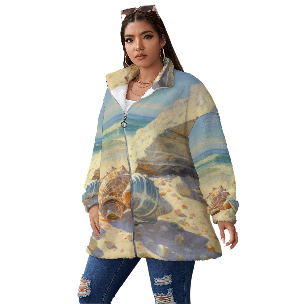 All-Over Print Unisex Borg Fleece Stand-up Collar Coat With Zipper Closure(Plus Size)