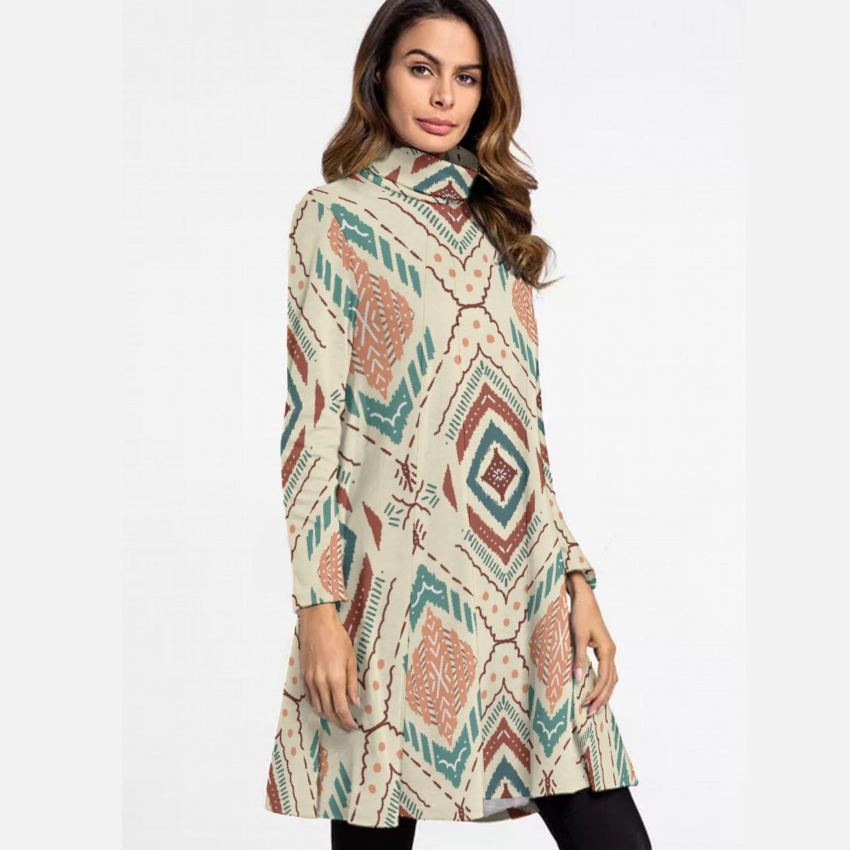 All-Over Print Women's High Neck Dress With Long Sleeve