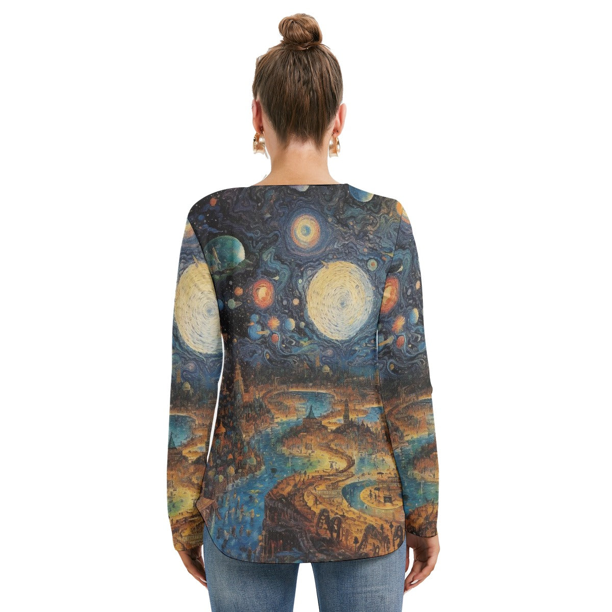 All-Over Print Women's Long Sleeve Neckline Tie Sweatshirt