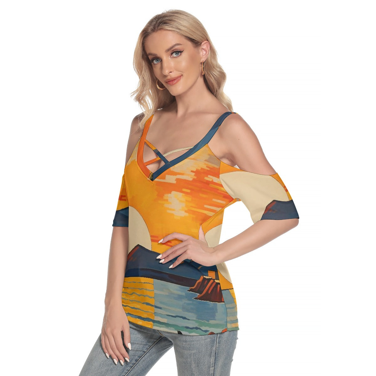 All-Over Print Women's Cold Shoulder T-shirt With Criss Cross Strips