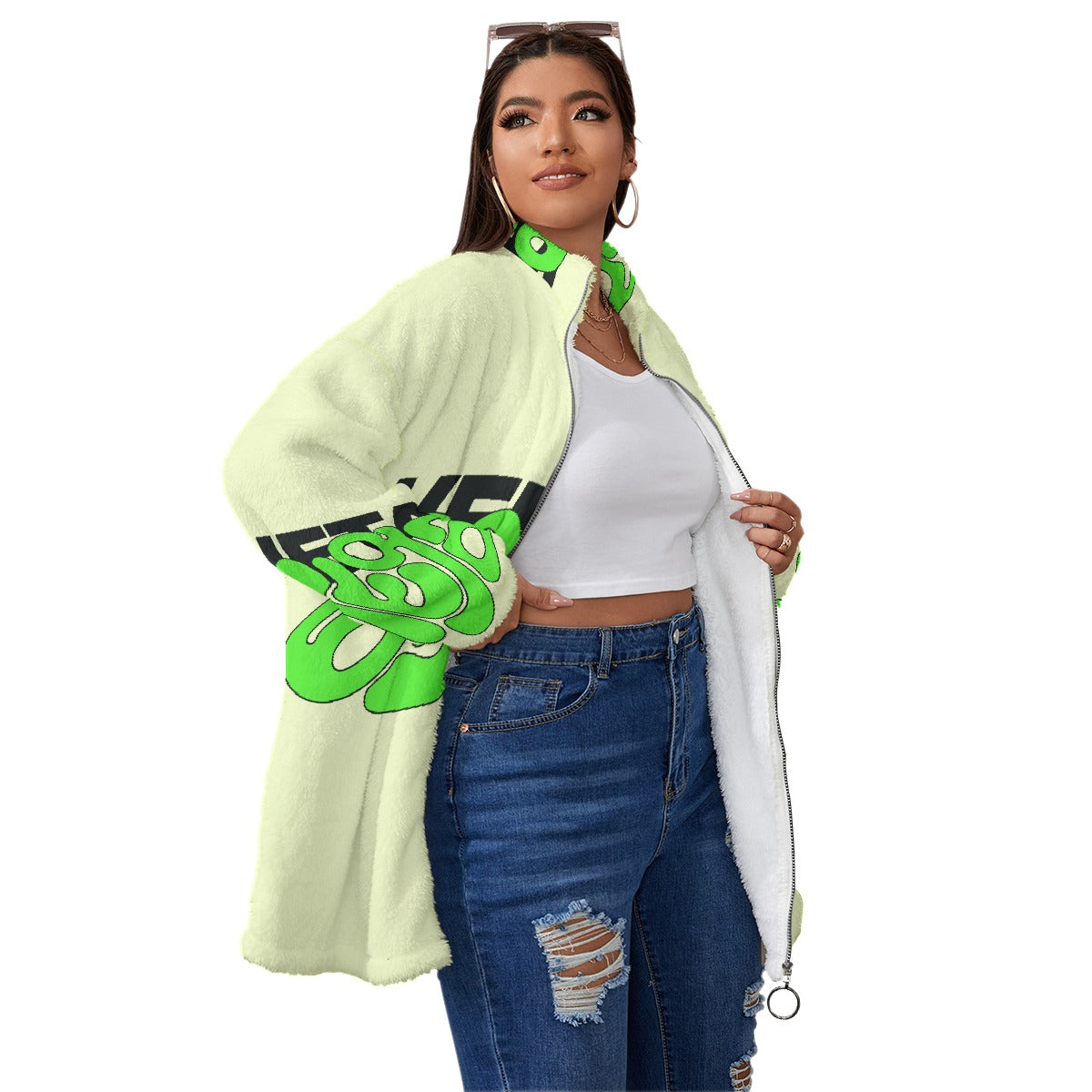 All-Over Print Unisex Borg Fleece Stand-up Collar Coat With Zipper Closure(Plus Size)