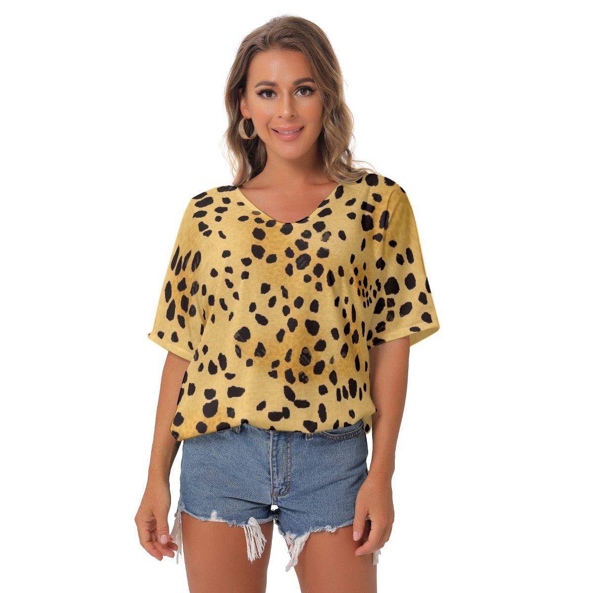 All-Over Print Women's Bat Sleeves V-Neck Blouse
