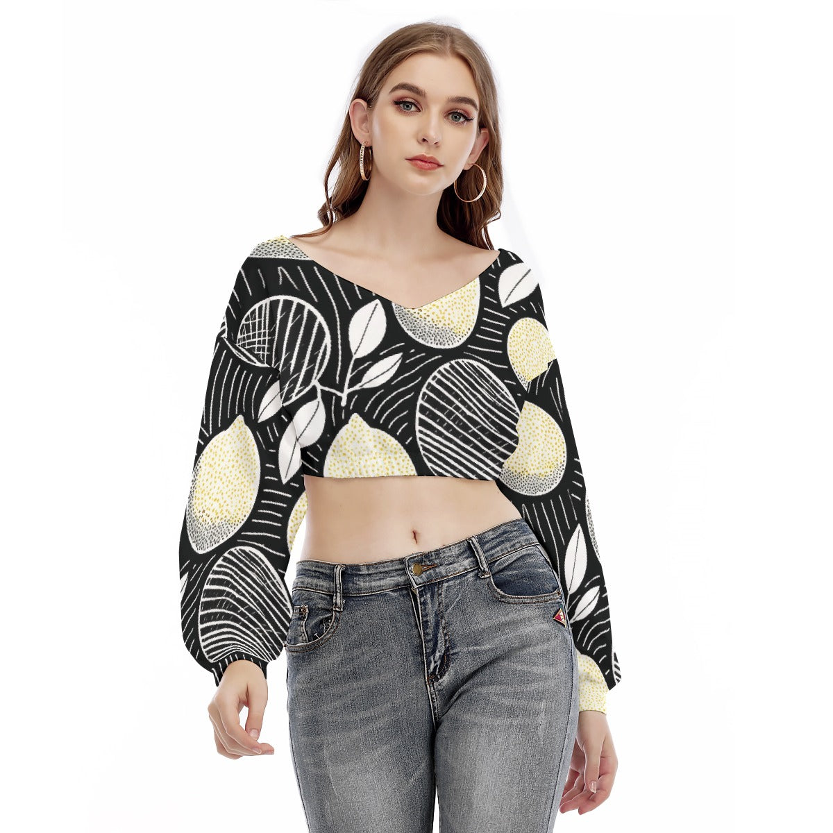 All-Over Print Women's V-neck Long Sleeve Cropped Sweatshirt