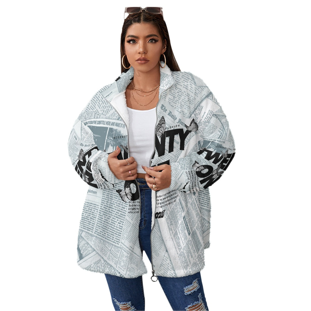All-Over Print Unisex Borg Fleece Stand-up Collar Coat With Zipper Closure(Plus Size)