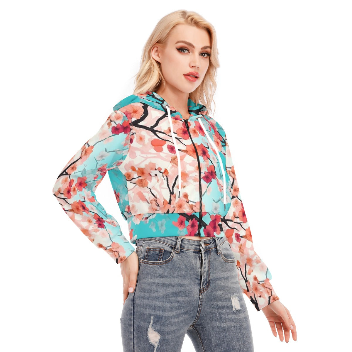 All-Over Print Women's Crop Top Hoodie With Zipper Closure