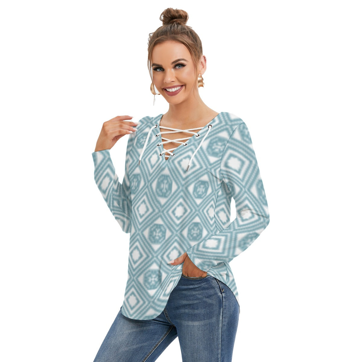 All-Over Print Women's Long Sleeve Neckline Tie Sweatshirt