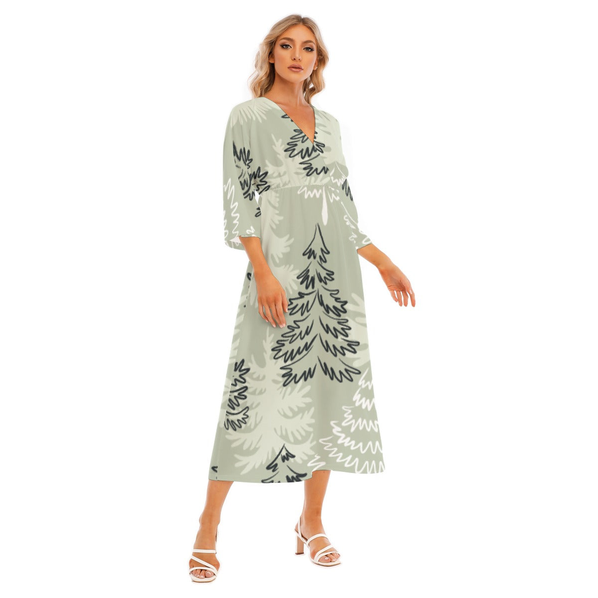 All-Over Print Women's Mid-Sleeve Long Dress