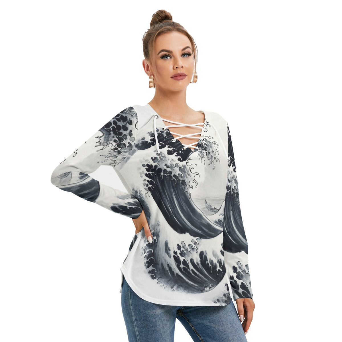 All-Over Print Women's Long Sleeve Neckline Tie Sweatshirt