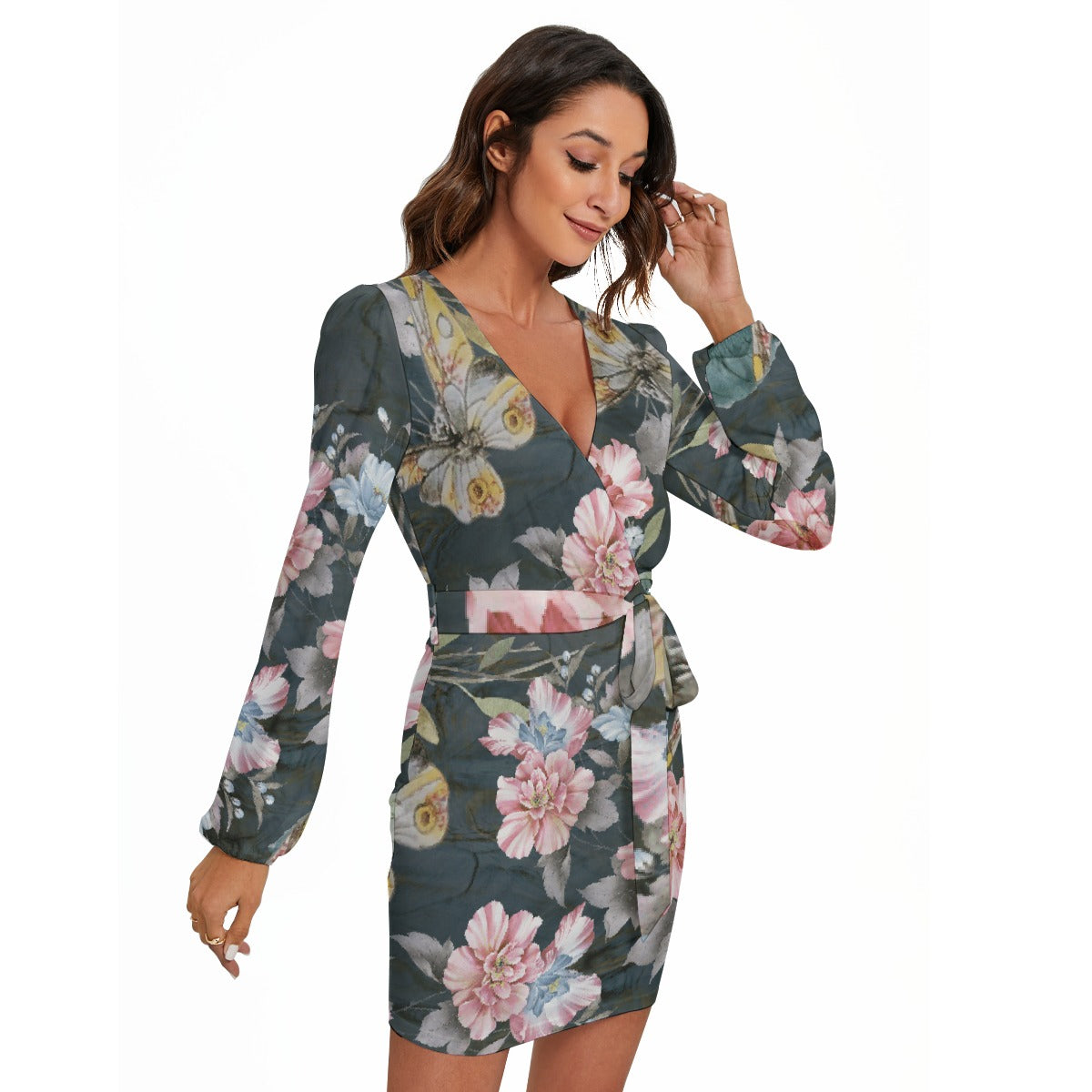 All-Over Print Women's Long Sleeve Dress With Waist Belt