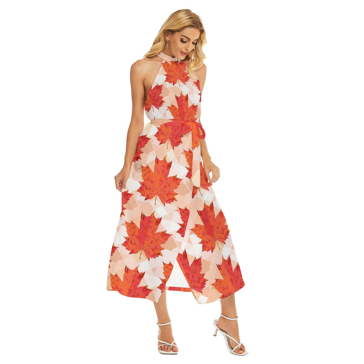 All-Over Print Women's Wrap Hem Belted Halter Dress