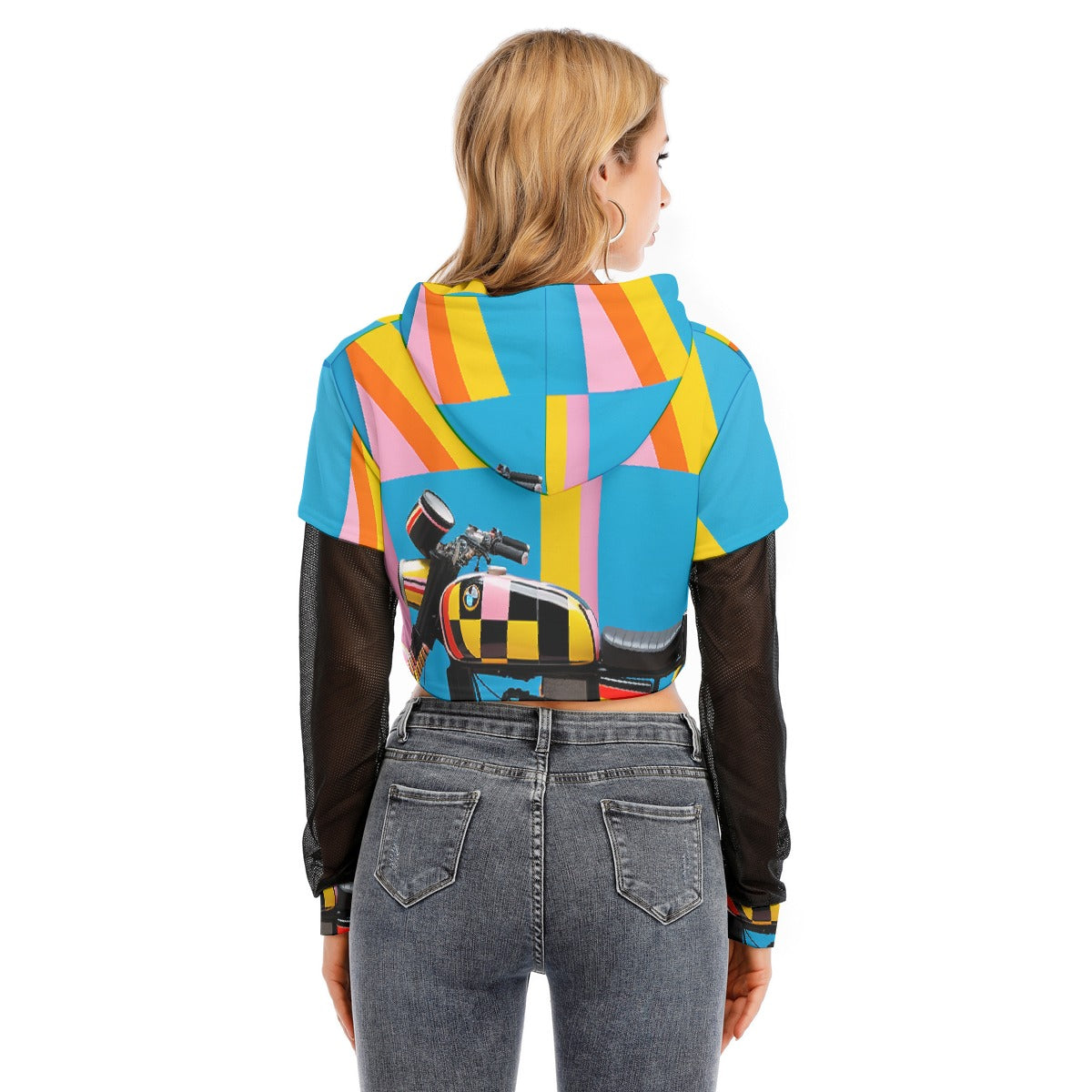 All-Over Print Women's Fake Two-piece Mesh Sleeve Cropped Hoodie