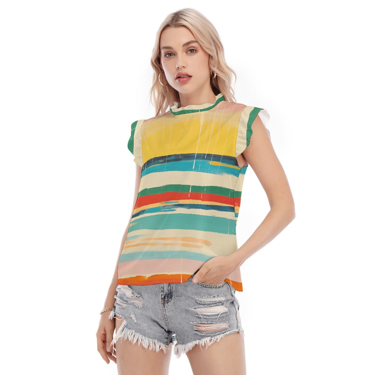 All-Over Print Women's Blouse With Ruffle Collar And Sleeve