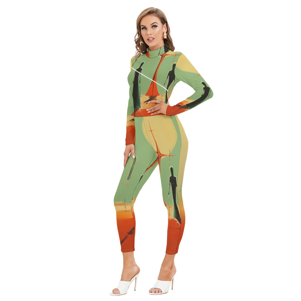All-Over Print Women's Long-sleeved High-neck Jumpsuit With Zipper