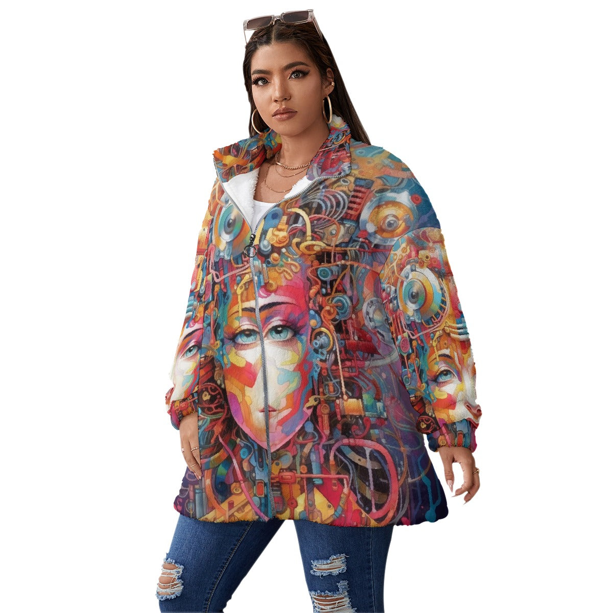 All-Over Print Unisex Borg Fleece Stand-up Collar Coat With Zipper Closure(Plus Size)
