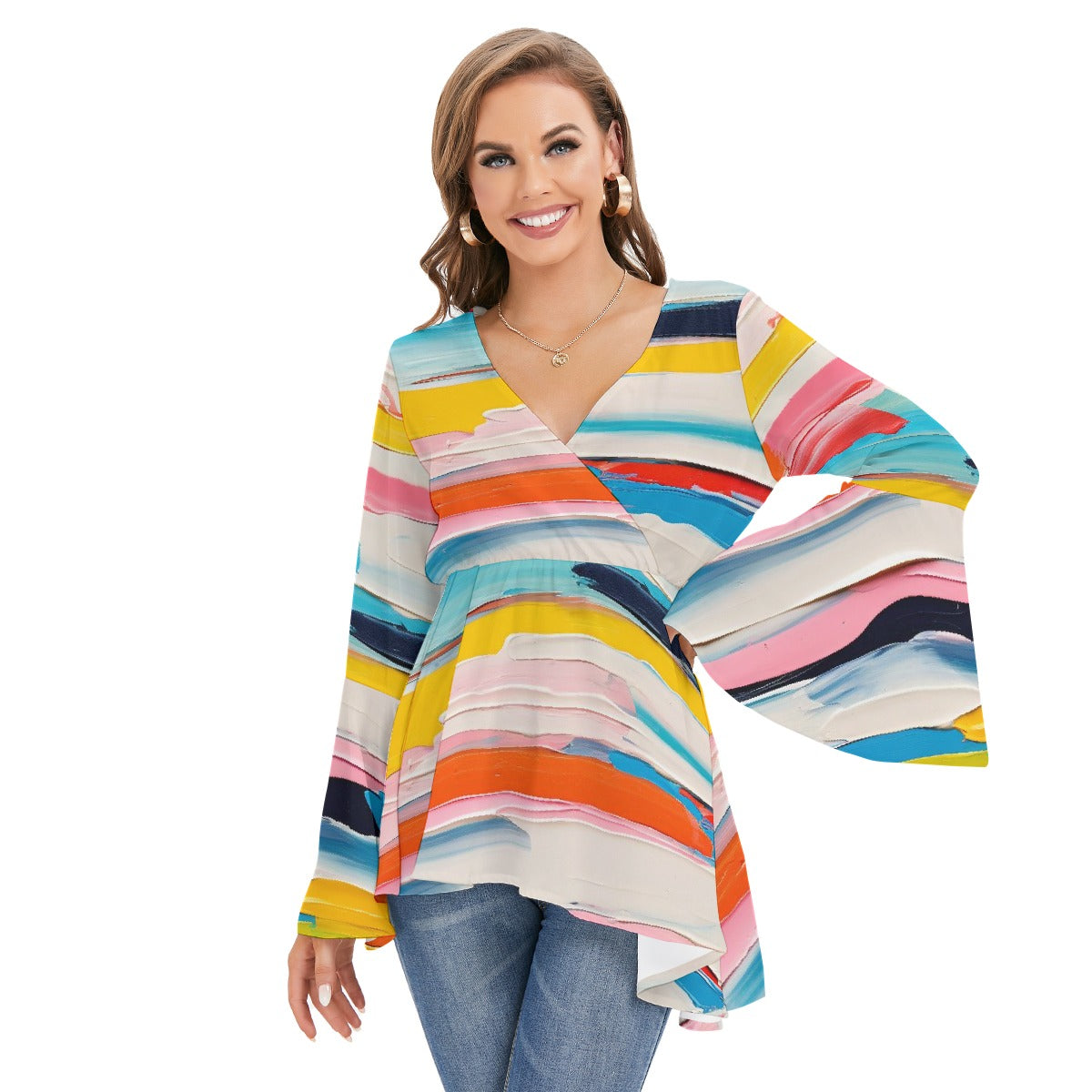 All-Over Print Women's V-neck Blouse With Flared Sleeves