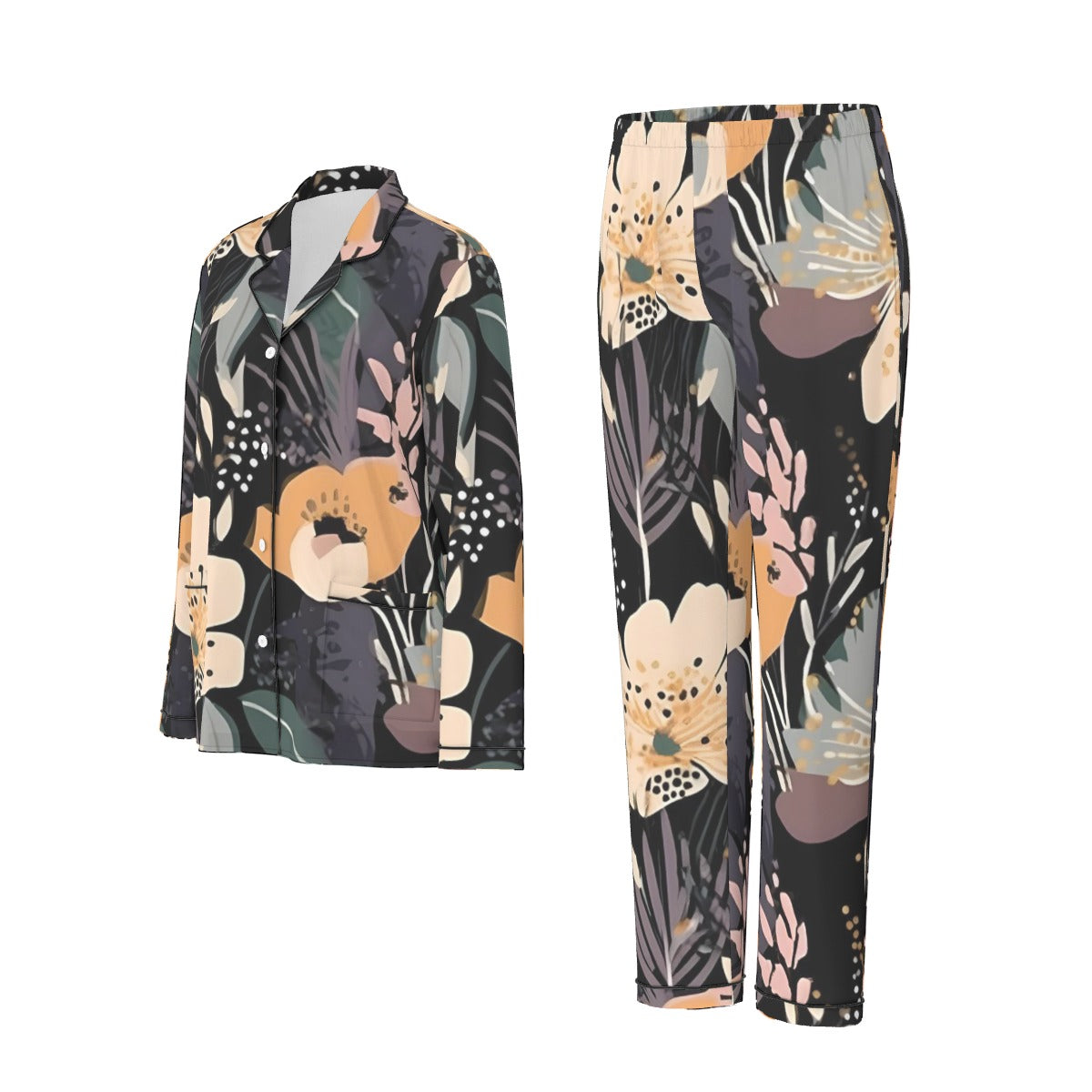 All-Over Print Women's Long Sleeve Pajama Set With Black Contrast Piping