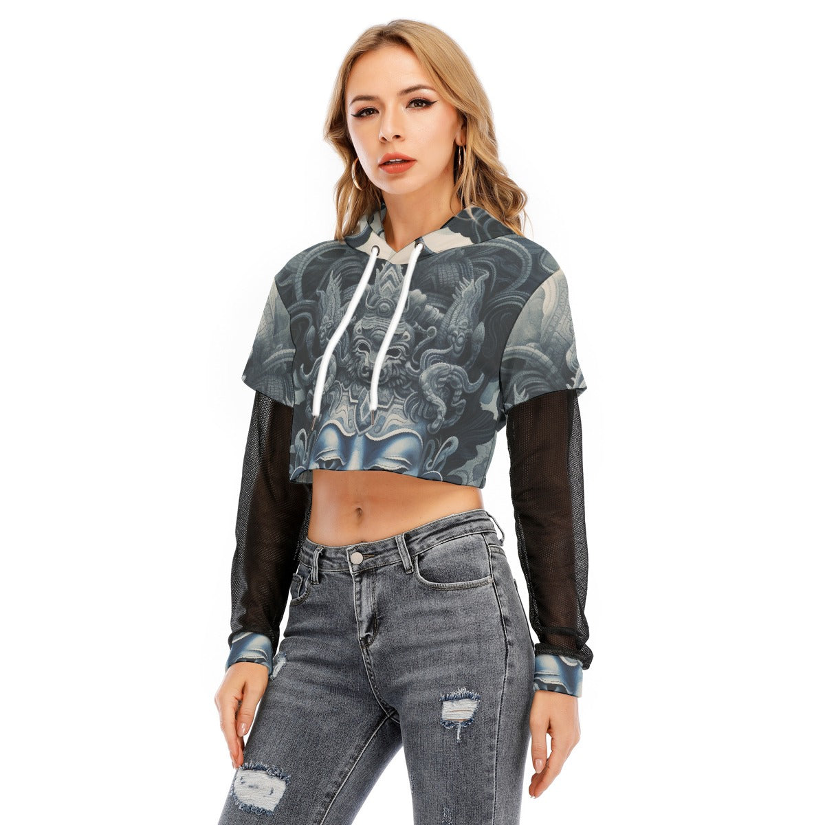 All-Over Print Women's Fake Two-piece Mesh Sleeve Cropped Hoodie