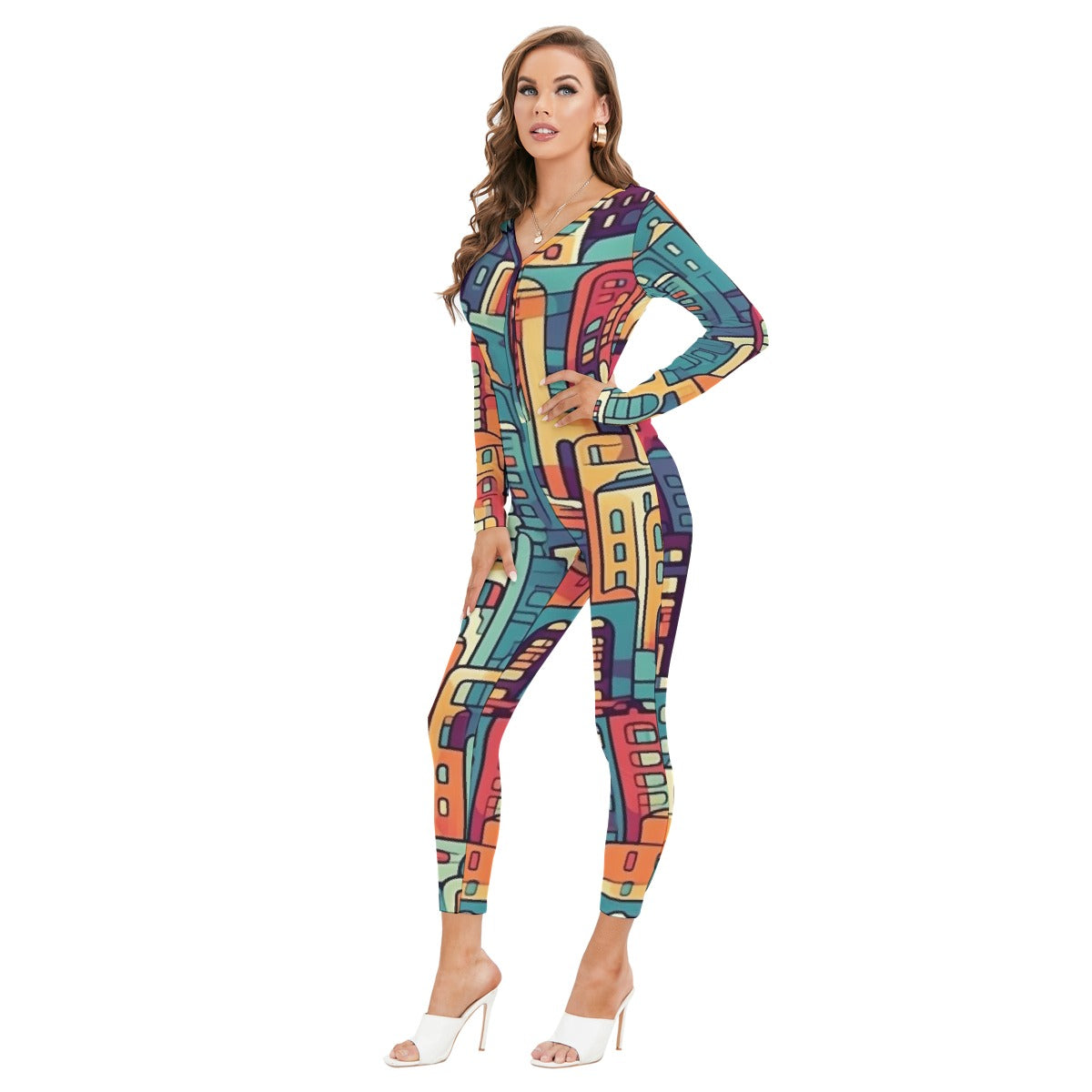 All-Over Print Women's Plunging Neck Jumpsuit