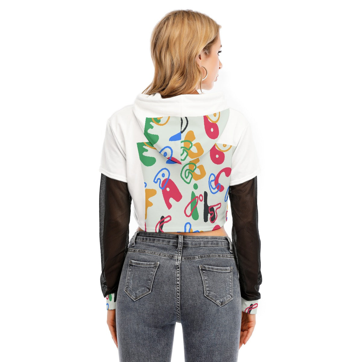 All-Over Print Women's Fake Two-piece Mesh Sleeve Cropped Hoodie