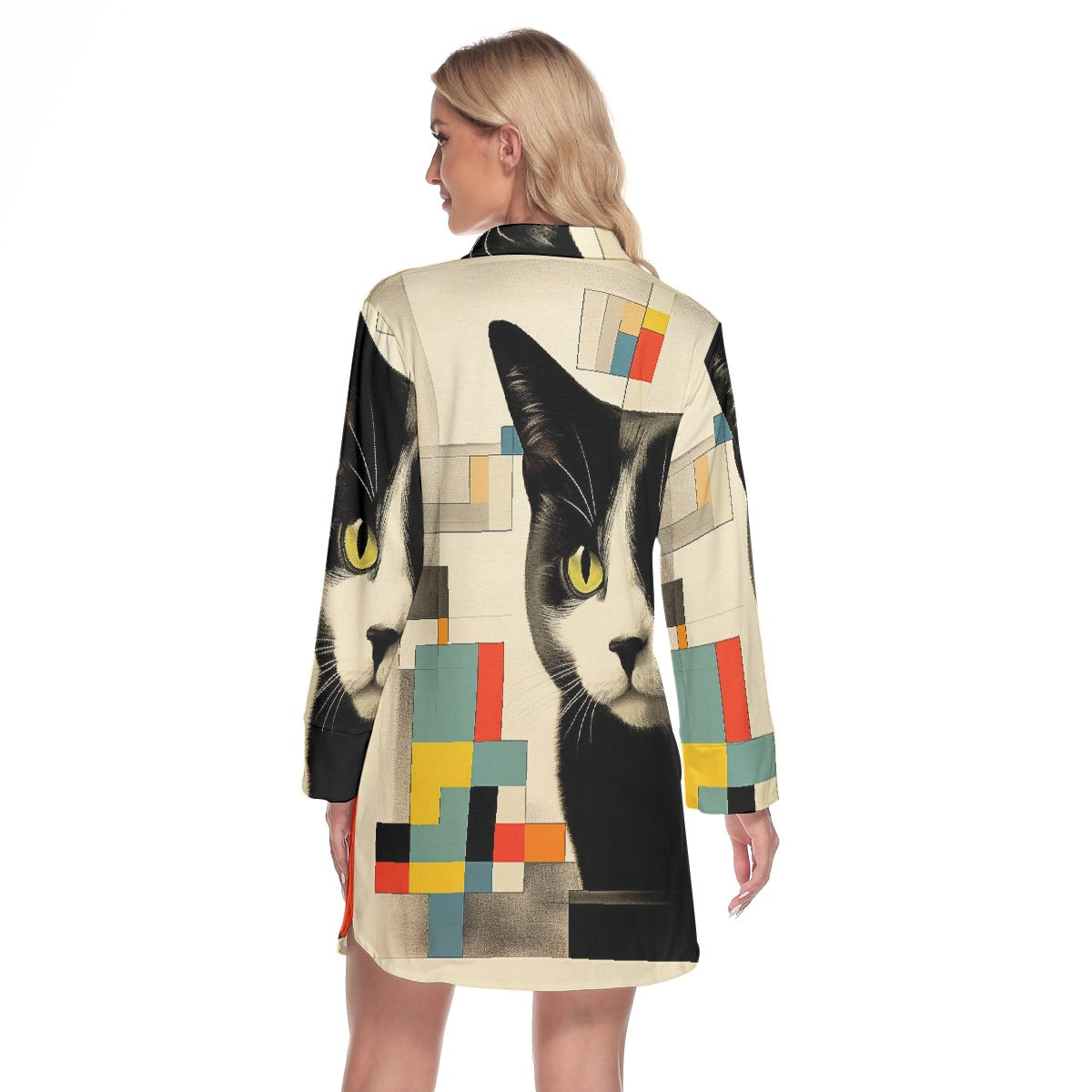 All-Over Print Women's Lapel Shirt Dress With Long Sleeve