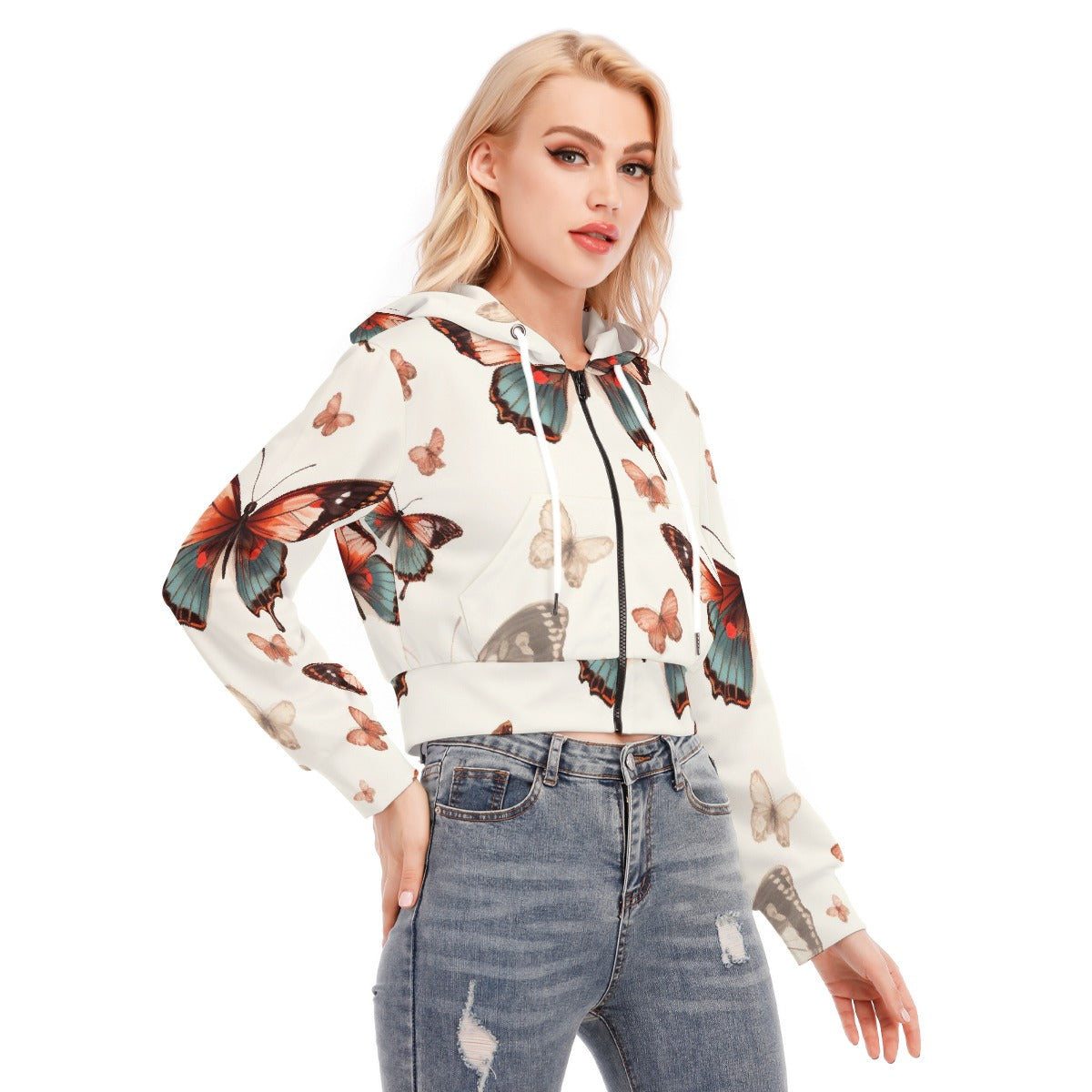 All-Over Print Women's Crop Top Hoodie With Zipper Closure