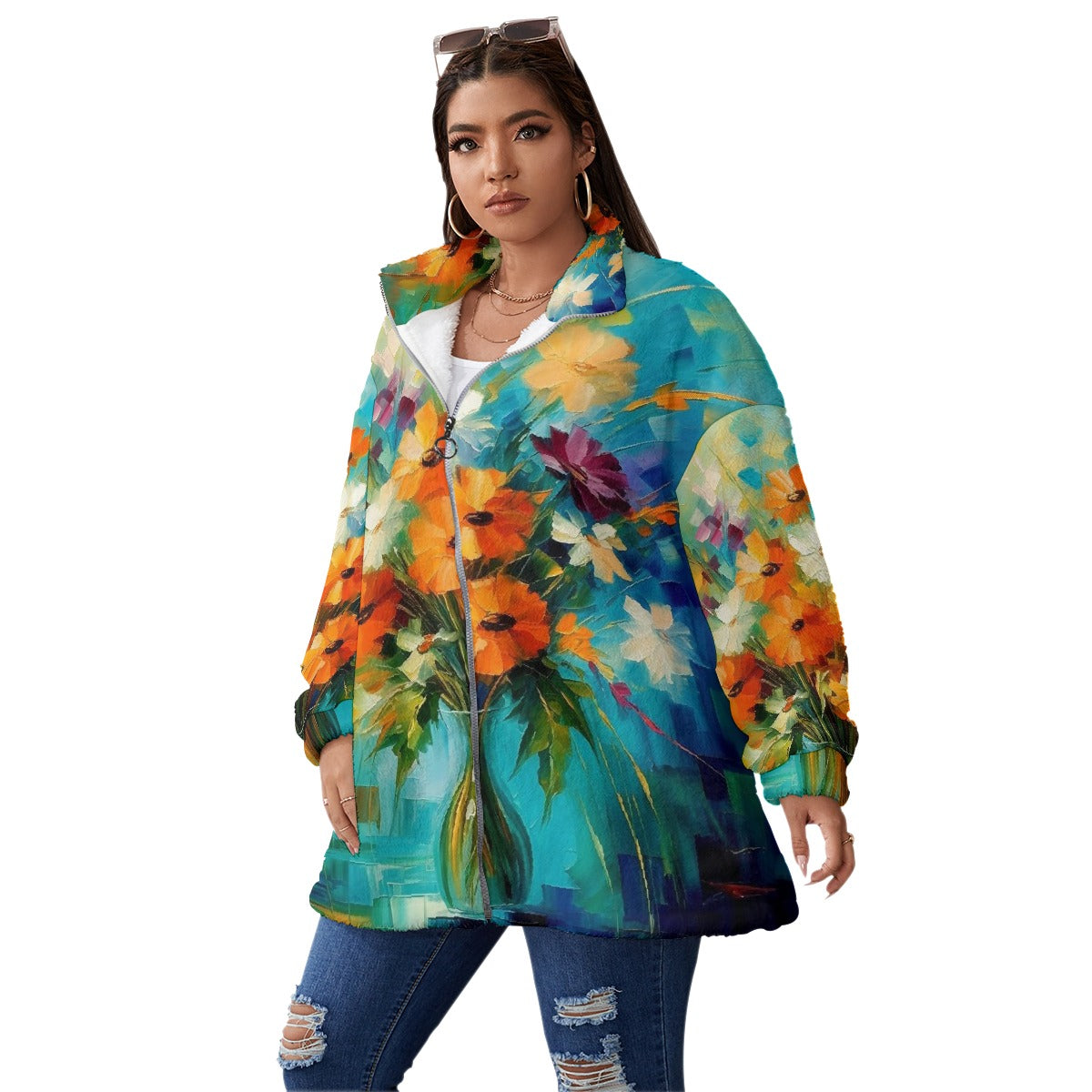 All-Over Print Unisex Borg Fleece Stand-up Collar Coat With Zipper Closure(Plus Size)