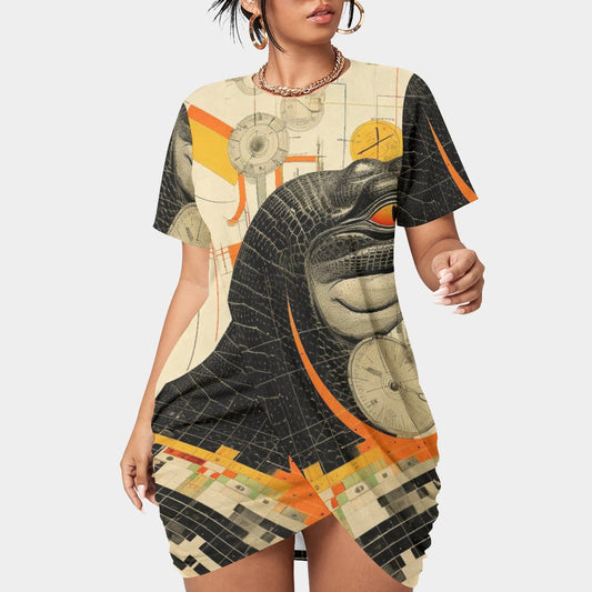 All-Over Print Women’s Stacked Hem Dress With Short Sleeve（Plus Size）
