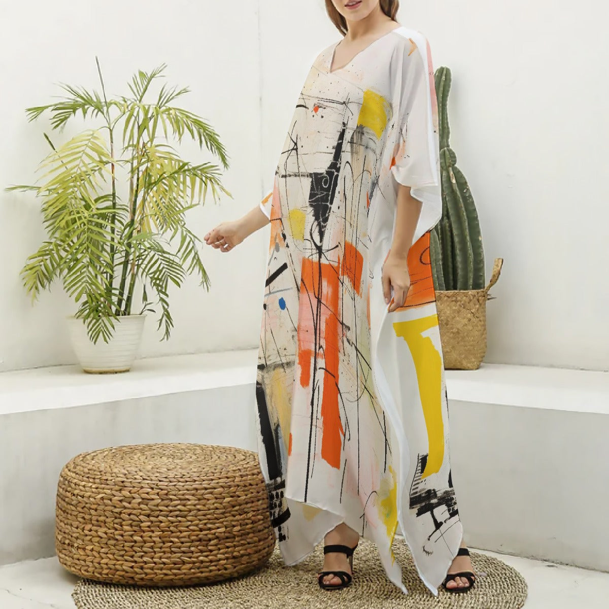 All-Over Print Women's Imitation Silk V-neck Kaftan Robe