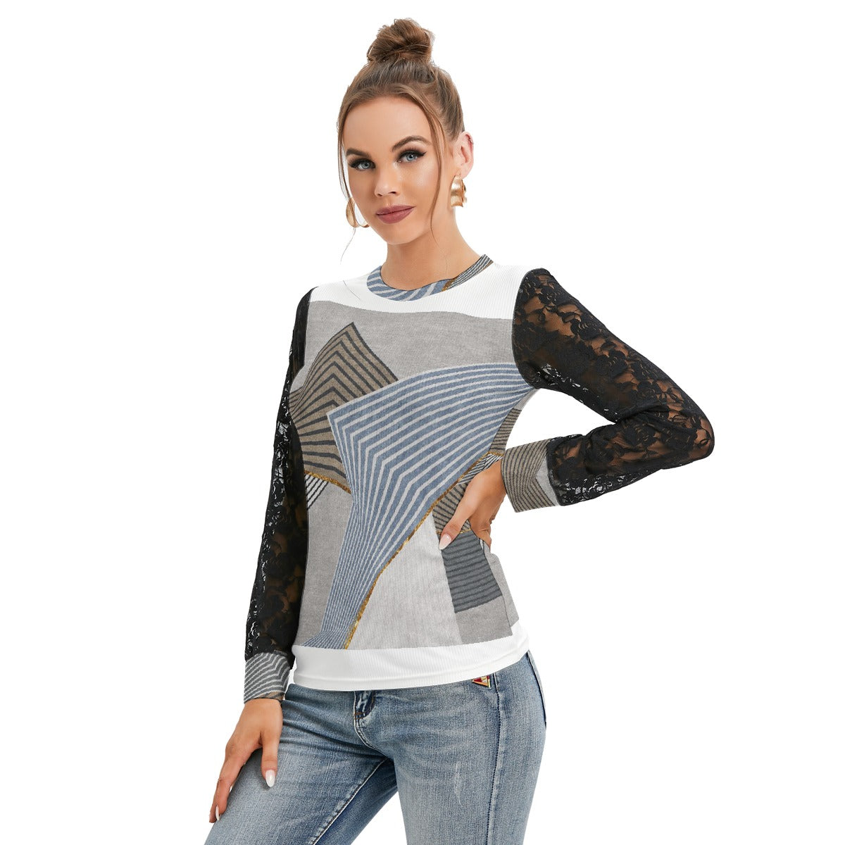 All-Over Print Women's T-shirt And Sleeve With Black Lace