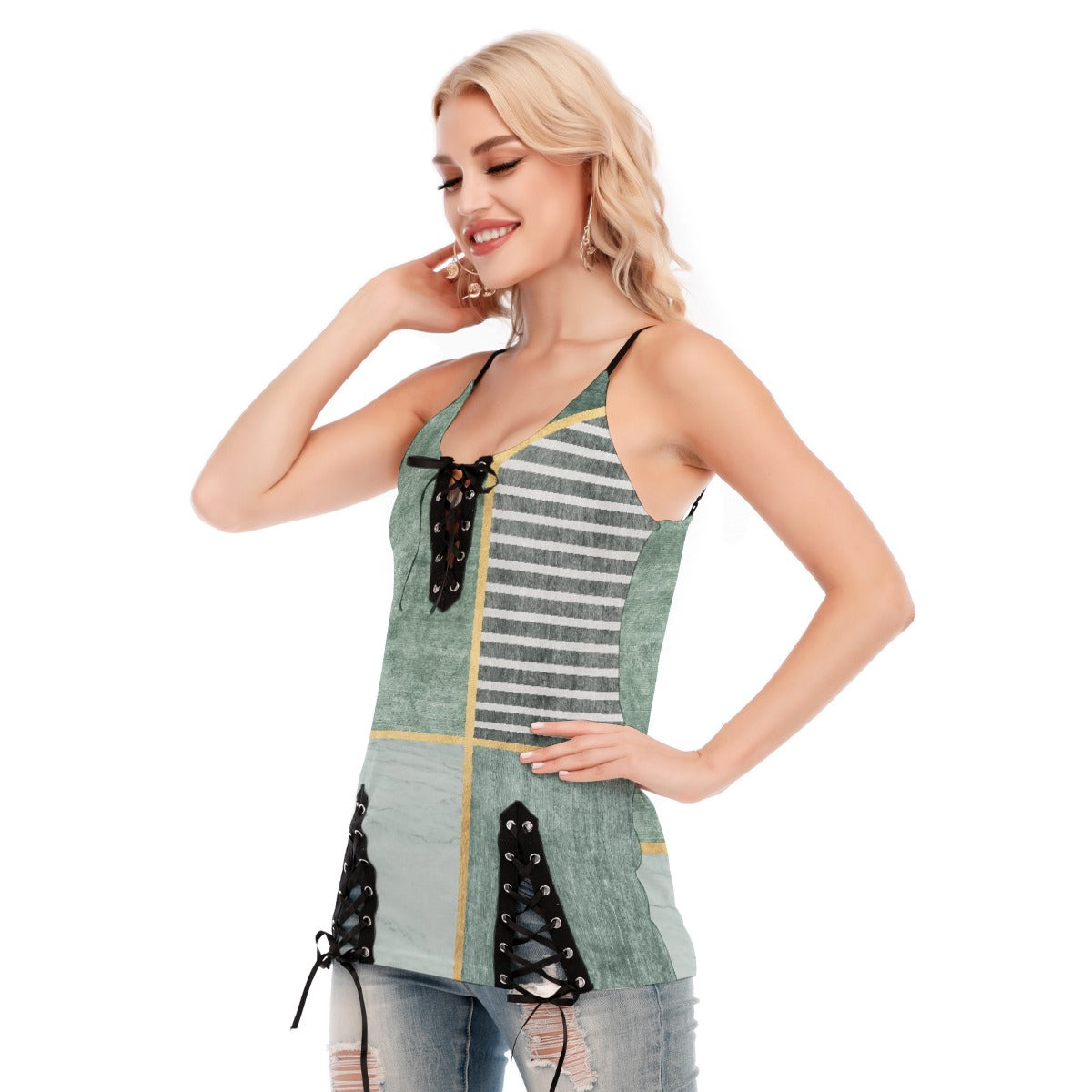 All-Over Print Women's V-neck Eyelet Lace-up Cami Dress